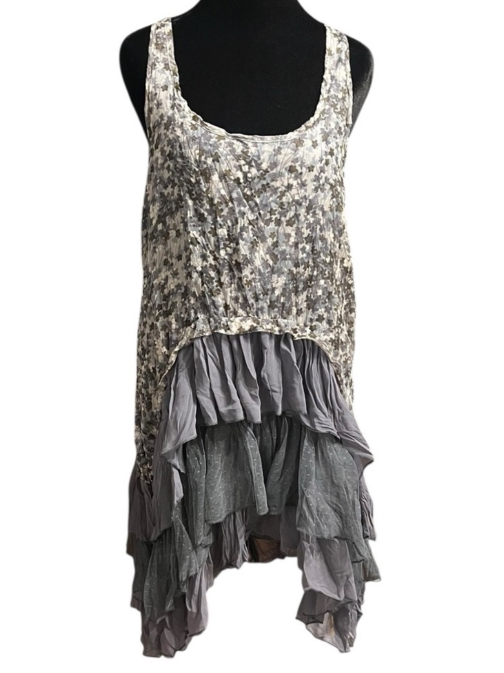 Rachael & Chloe Patterned High Low Dress with Gray Ruffles L